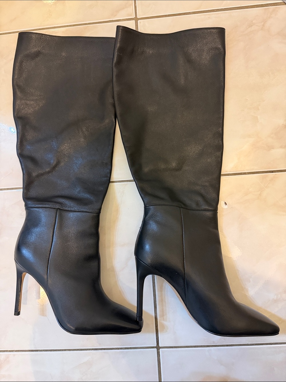 NWOT Aldo Black Leather Knee-High Pointed-Toe Stiletto Boots